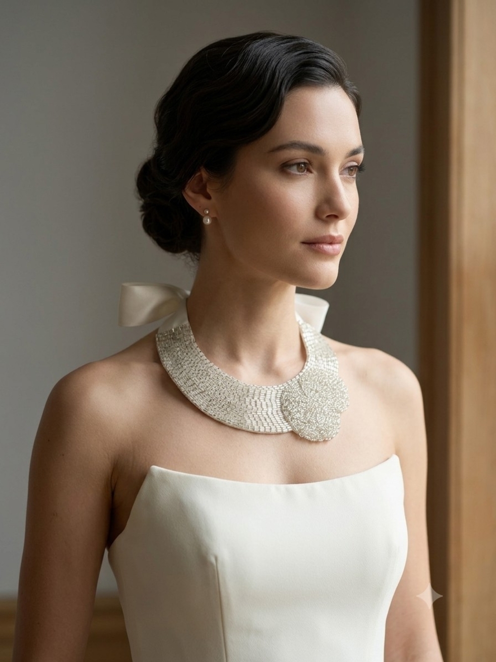 Hand Crafted Ivory Silver Beaded Bib Necklace with Floral Cluster And Satin Tie